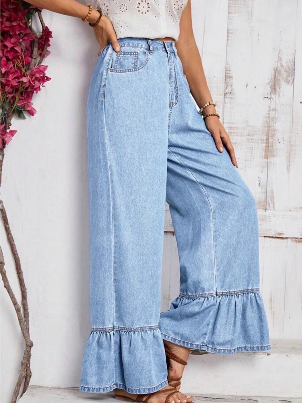 Shein EMERY ROSE Vacation Casual Washed Ruffled Hem Wide Leg Jeans